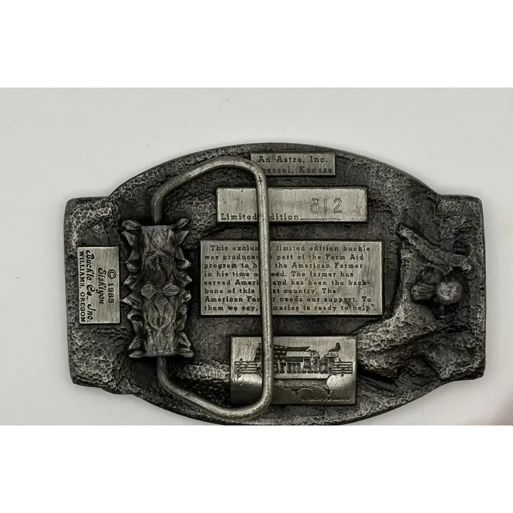 Vintage 1985 Farm Aid Pewter Belt Buckle Siskiyou Limited Edition Support Farmer